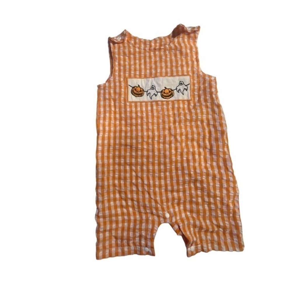 Halloween Romper 18m  Orange  Checkered Ghost And Pumpkins Light Weight